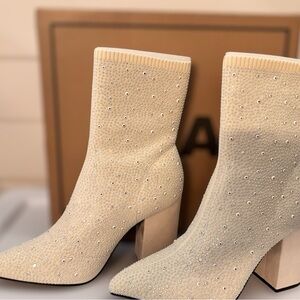 MIA Cream Rhinestone Stretch Heeled Boots